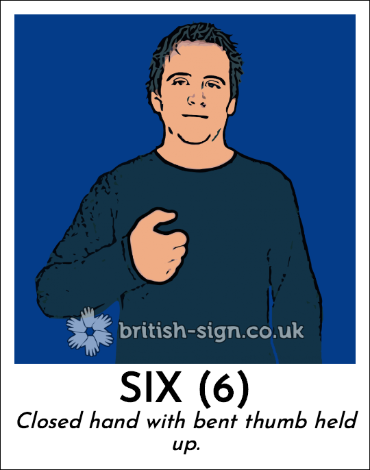Six (6): Closed hand with bent thumb held up.